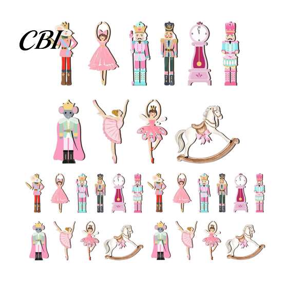 Pink Nutcracker Pendants 10/20/30Pcs Wooden Christmas Ornaments, Watercolor Hanging Decor with Girl Gift Ideas Ballerina, Horse & Mouse King Designs,