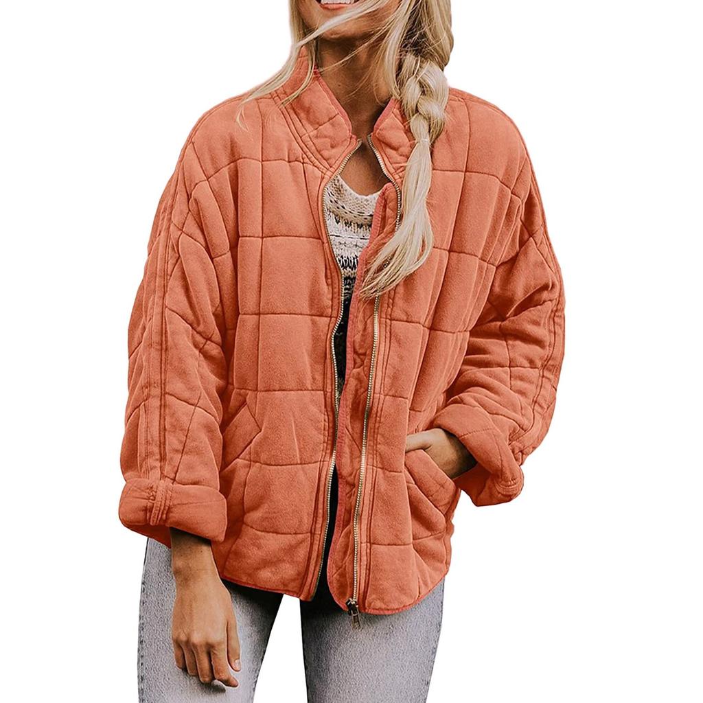 Women's Fashion Solid Color Stand Collar Cotton-Padded Jacket Loose Pocket Long Sleeve  Coat
