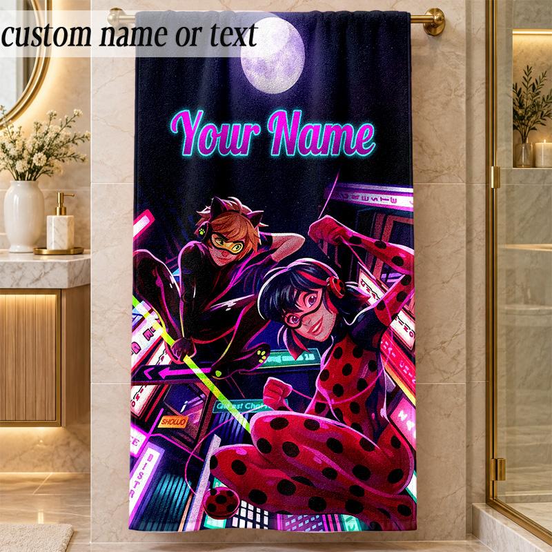 Beach TowelMiraculous Ladybug Custom Name Text Personalized Soft Towel for Beach Pool Indoor Home Decor Gift
