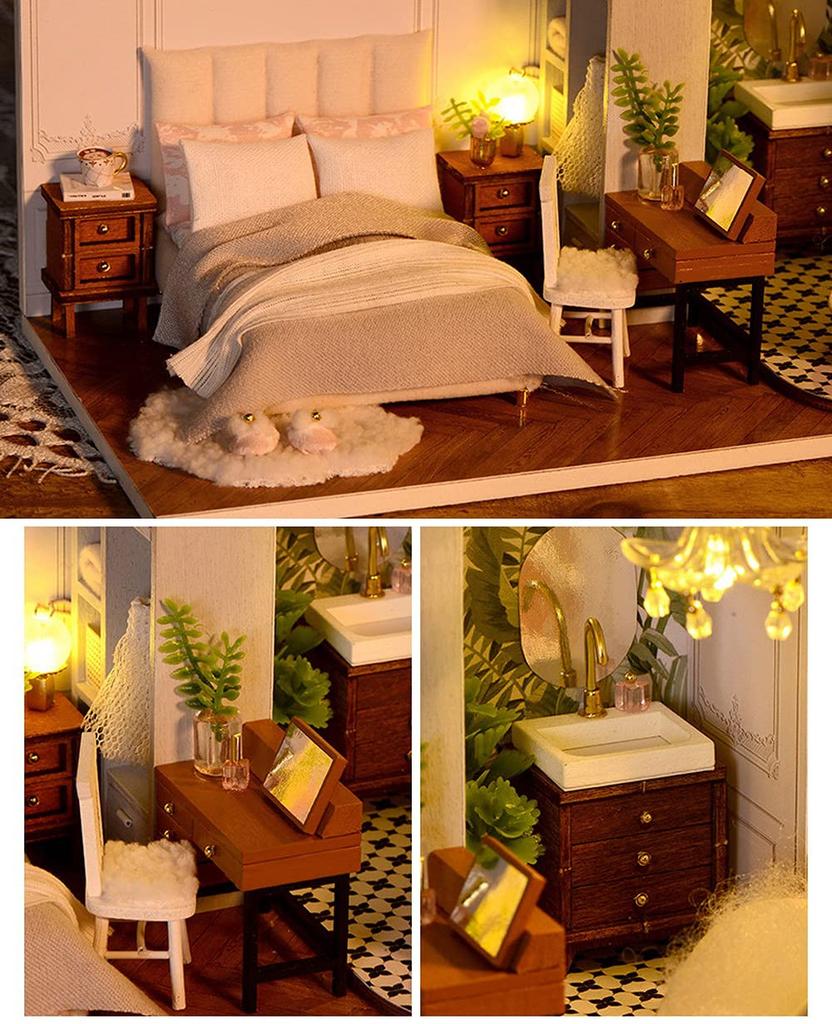 moin moin Scale Dollhouse Miniature DIY Kit Modern Antique Style with LED Light and Acrylic 2107DH269 1/32 Set, "Happy Days" Hotel, Bedroom, White,
