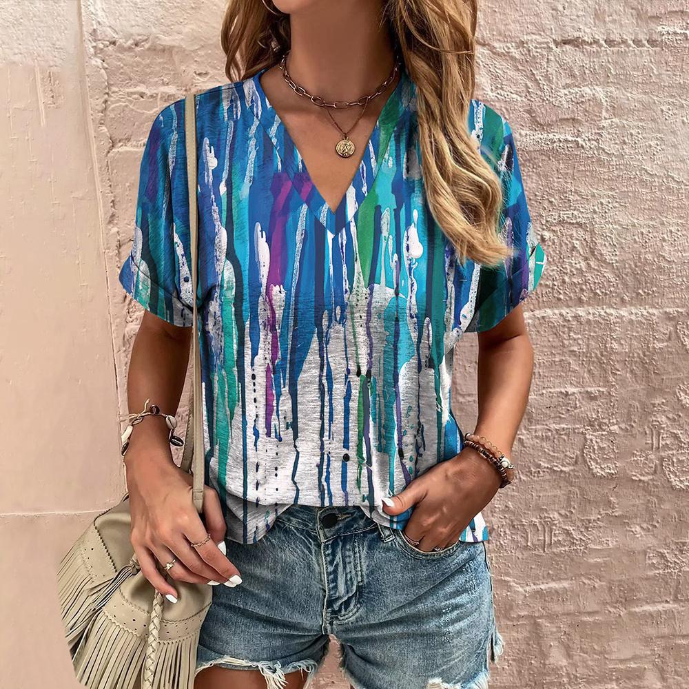 Летняя женская футболка с полосатым принтом, футболка в стиле тай-дай с коротким рукавом, женская одежда, V-образный вырез, свободная блузка, женские футболки