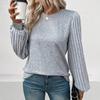 Ladies Autumn Winter Ribbed Long Sleeve Round Collar Solid Color Loose Pullover T Shirt Top
