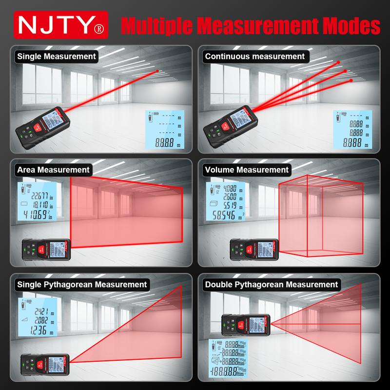 NJTY 50m 100m 200m Laser Meter Digital Handheld Tape Measure RED Laser with Portable Bag Lanyard Data Records IP54 Rangefinder