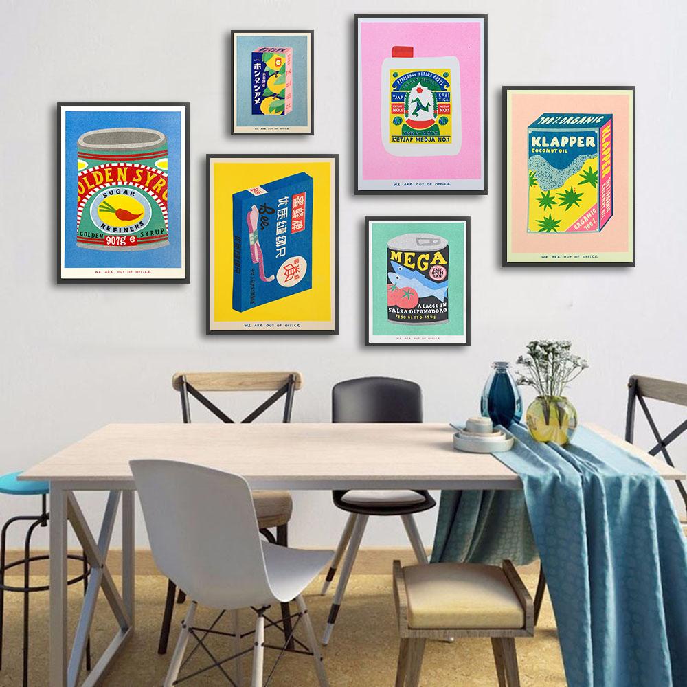A Box Colourful Risograph Poster Print Canned Fish Retro Art Canvas Painting Wall Kitchen Chili Sauce Mural Cook Room Home Decor