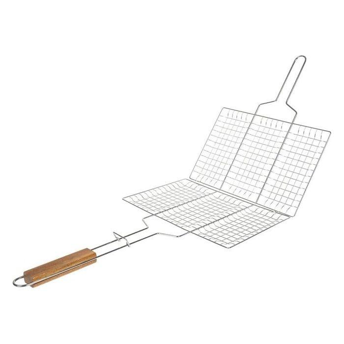 Double grille barbecue - 34 x 22 cm - Acier chromé - Manche en bois - Système de verrouillage