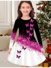 Girls' Autumn and Winter Fashion Dress, 3D Butterfly Print  Round Neck Long Children's T-shirt Dress, Casual Versatile, Christmas Clothing