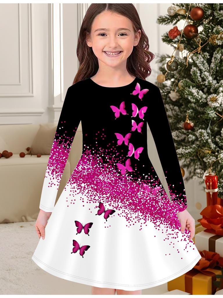 Girls' Autumn and Winter Fashion Dress, 3D Butterfly Print Round Neck Long Children's T-shirt Dress, Casual Versatile, Christmas Clothing