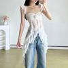 Off-shoulder Mesh Ribbon Dress Ruffled Edge Sleeveless Top Women  Streetwear