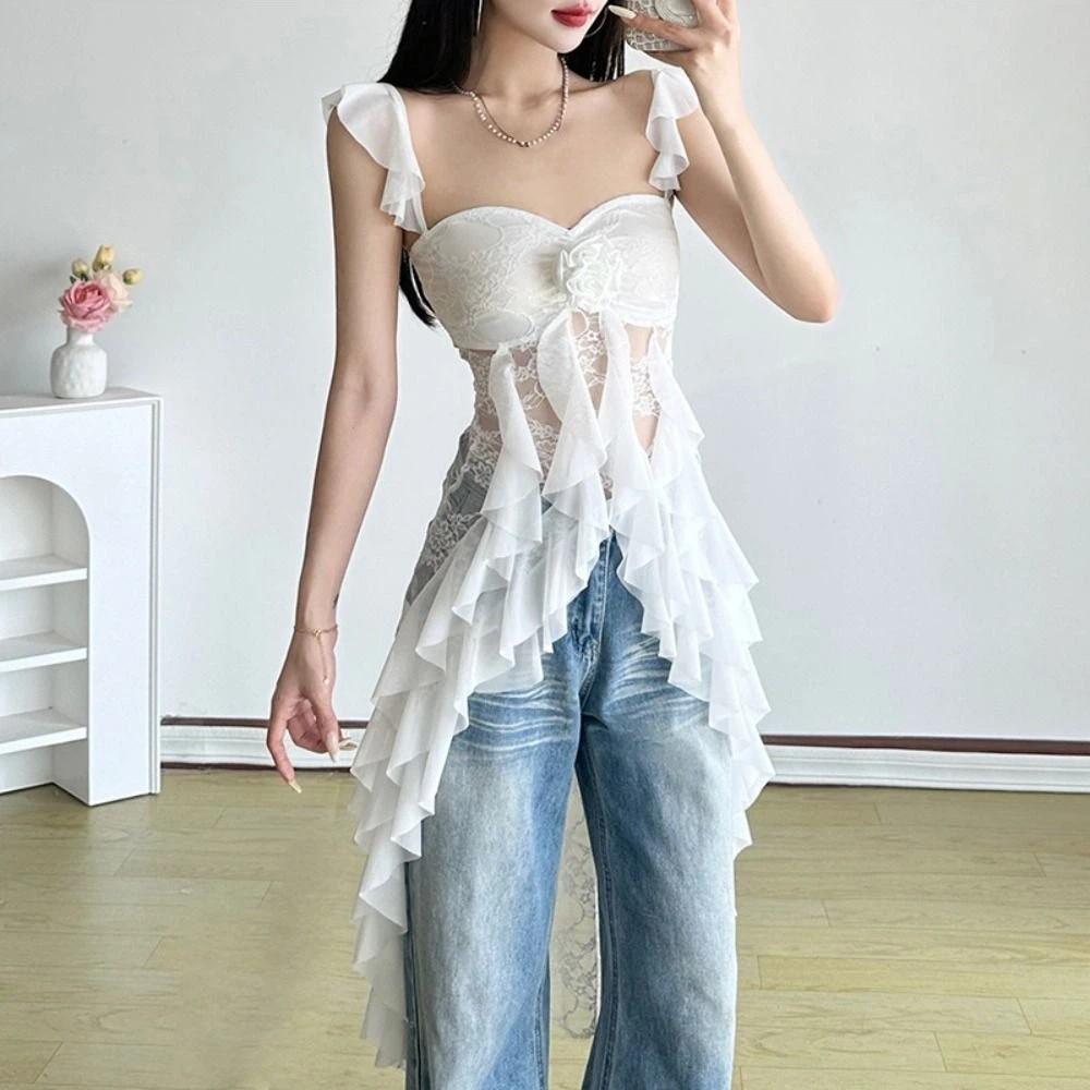 Off-shoulder Mesh Ribbon Dress Ruffled Edge Sleeveless Top Women  Streetwear