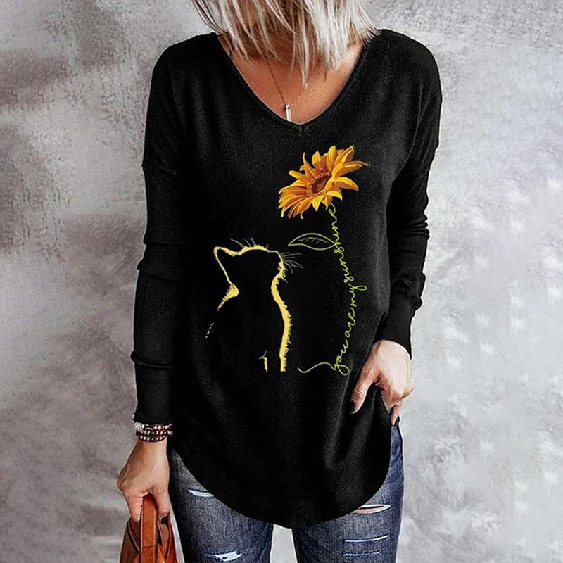 Animal Cat Printed 3D T Shirts Plus Size Black Tees Women Fashion V Neck Long Sleeve T Shirt