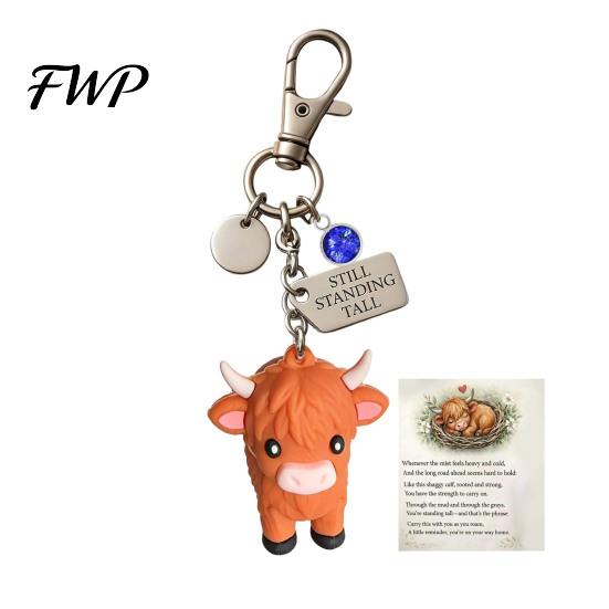 Metal Keychain A Little Highland Cow for You Keychain, 3D Resin Keyring with Birthstone Charm & Sentiment Card, Your Daily Reminder of Quiet Strength