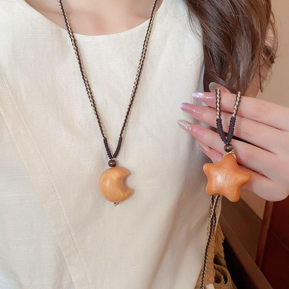 Pendant Wooden Star Moon Necklace Bohemian Style Couple Friends Choker Wood Clavicle Chain Gift