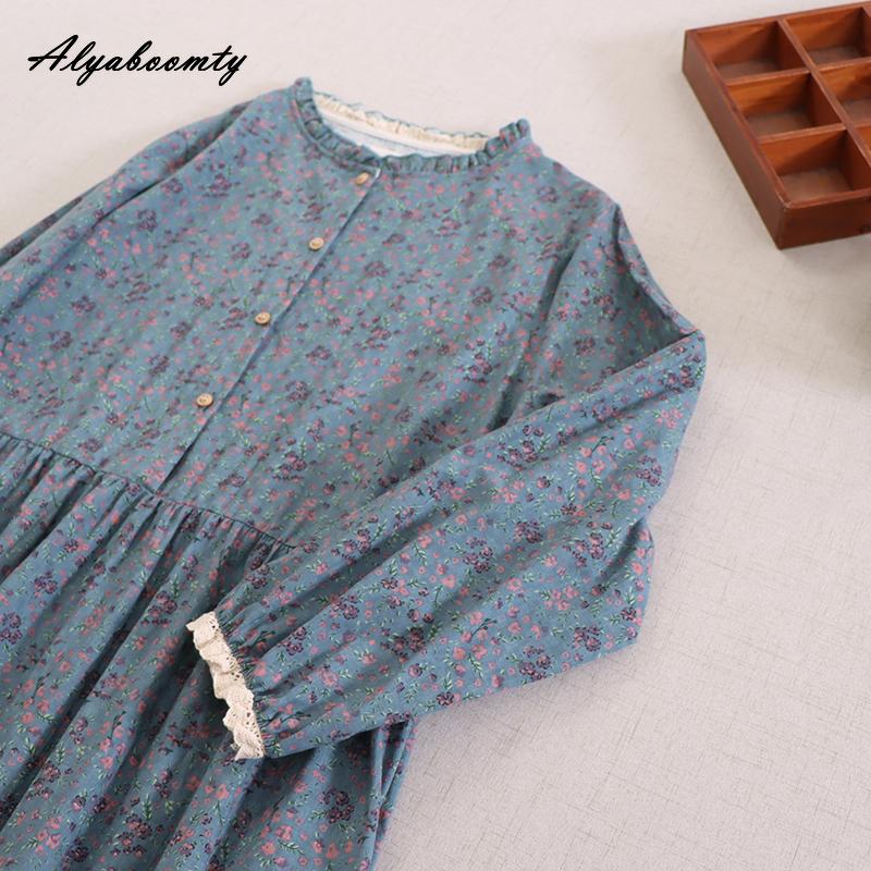 Mori Girl, весенне-осеннее женское платье в стиле ретро с воротником-стойкой, синее, абрикосовое, кофейное, с цветочным принтом, хлопковое и льняное винтажное свободное платье миди