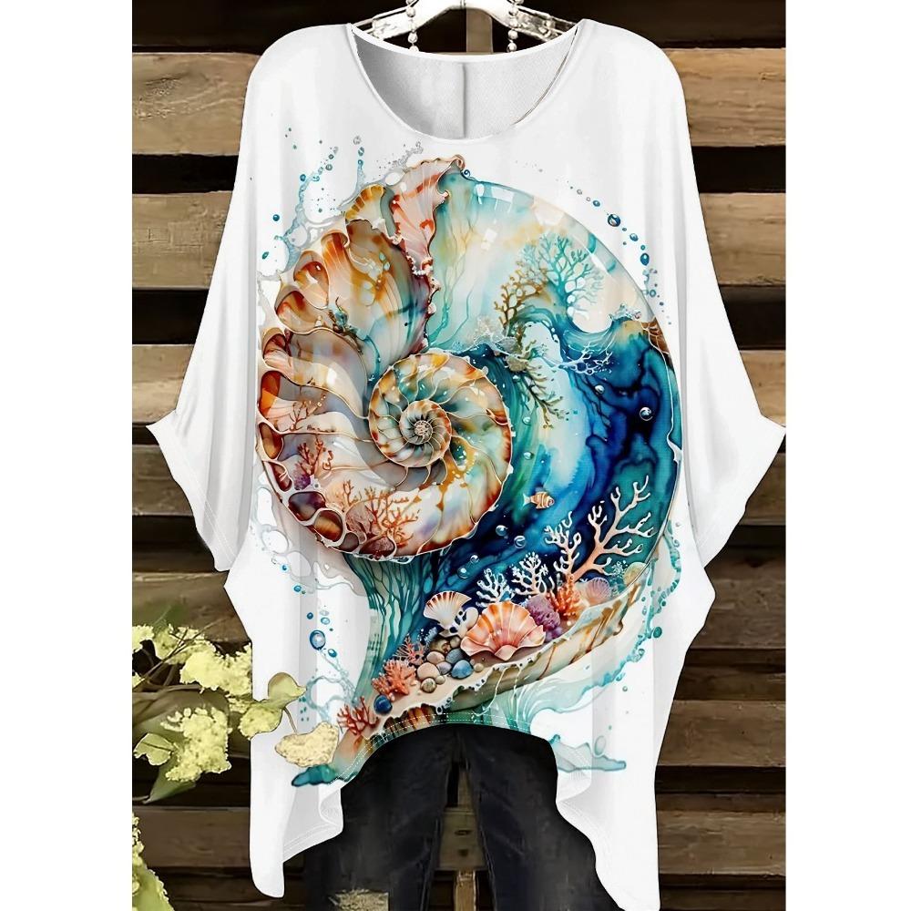 Conch Ocean Coral Women's Large Size Short Sleeve T-Shirt, Irregular Hoop Design, Digital Printing