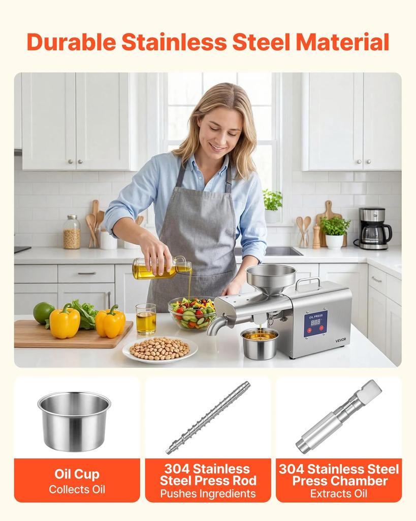 VEVOR Oil Press Machine, 3.75KG/H Capacity, 750W Oil Extractor Machine, Automatic Electric Oil Maker for Home Commercial Use