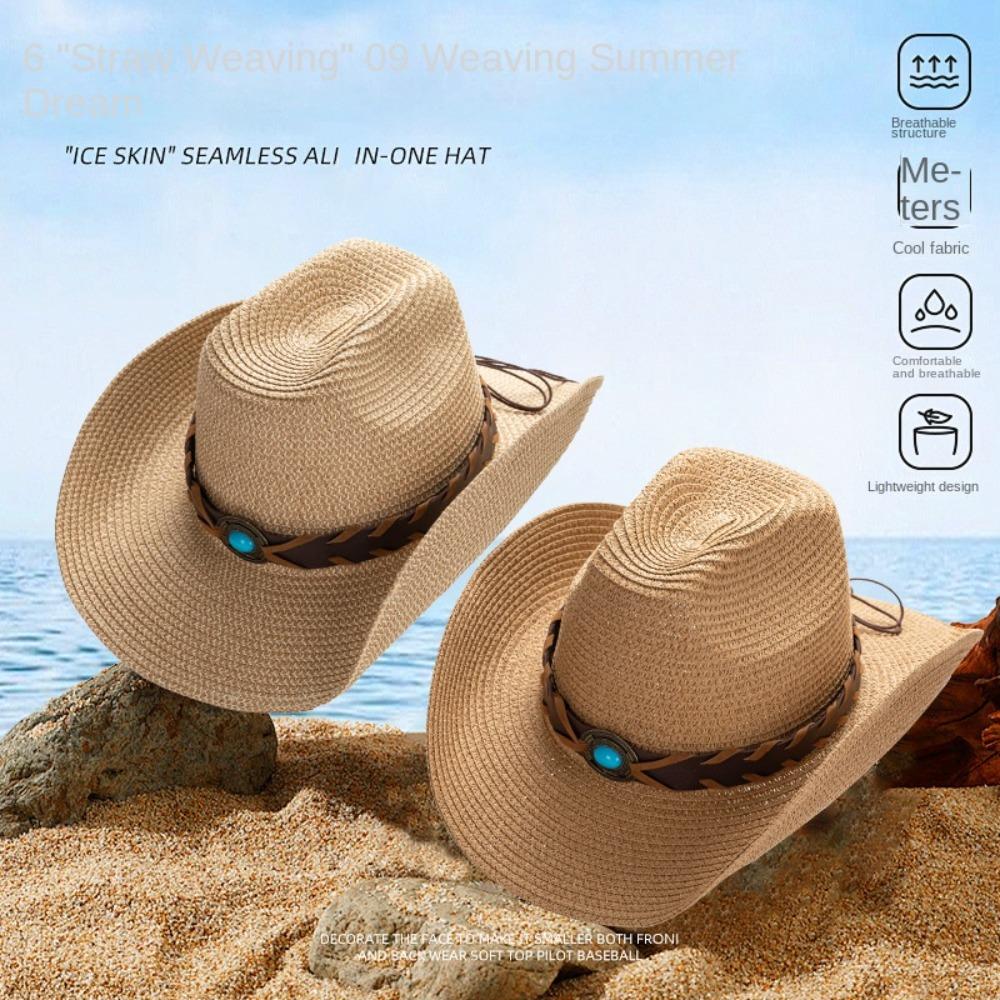 PU Leather Belt Cowgirl Hat Solid Color Straw Sun Hat Gentleman Western Cowboy Hat Male