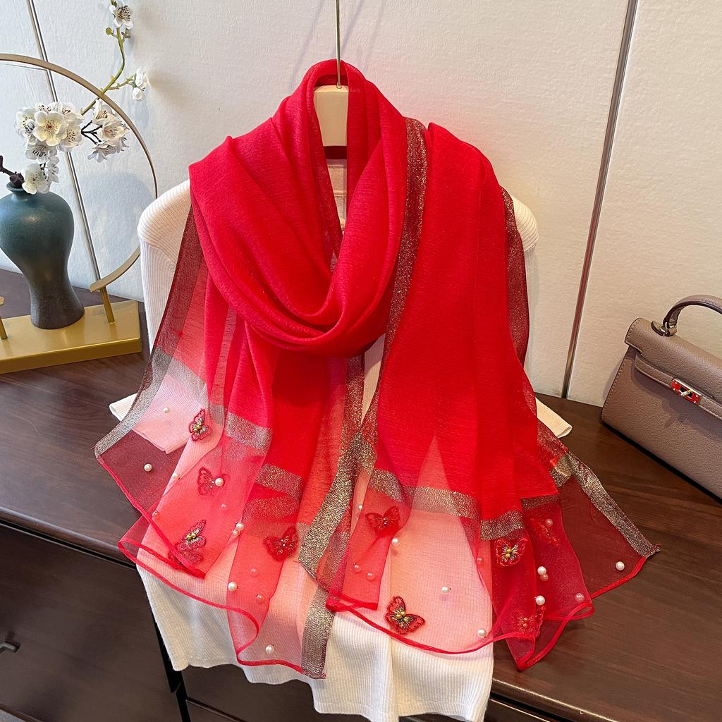 New Versatile Shawl Imitation Silk Thin Silk Scarf for Women Spring and Summer Butterfly Pearl Light Luxury Fashionable Warm Neck Protection Shawl