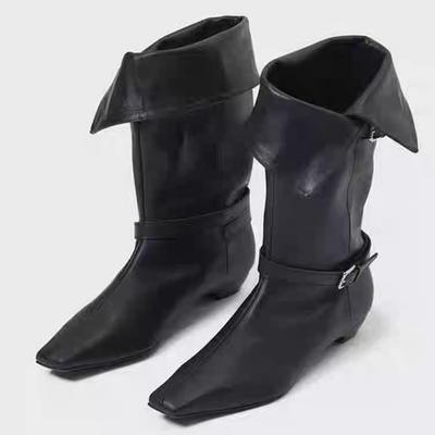 Версия из коровьей кожи~ Европейский и американский ретро нишевый ремень с пряжкой квадратный носок толстый каблук складки полусапоги женские 2025 новые ботинки-рыцари