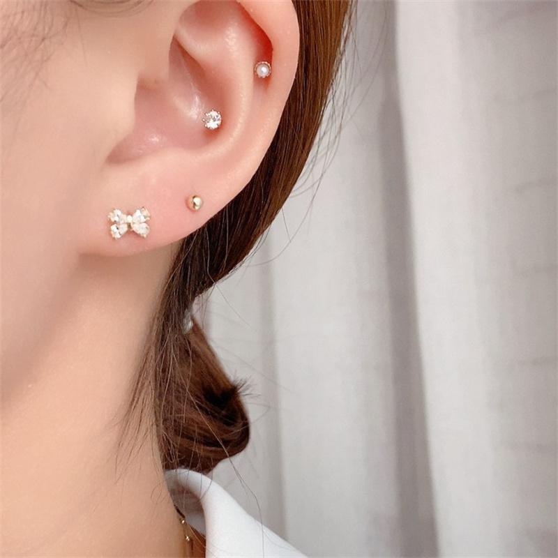 925 Sterling Silver Plating 14K Gold Zircon Bow Screws Earrings for Women Korean Exquisite Jewelry Birthday Gift