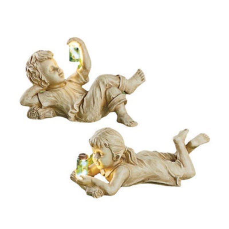 Садовая статуя из смолы в банке для мальчика и девочки, ребенок с солнечными светлячками, светящиеся в темноте, причудливая клумба, двор, уличная скульптура, декор, лежа