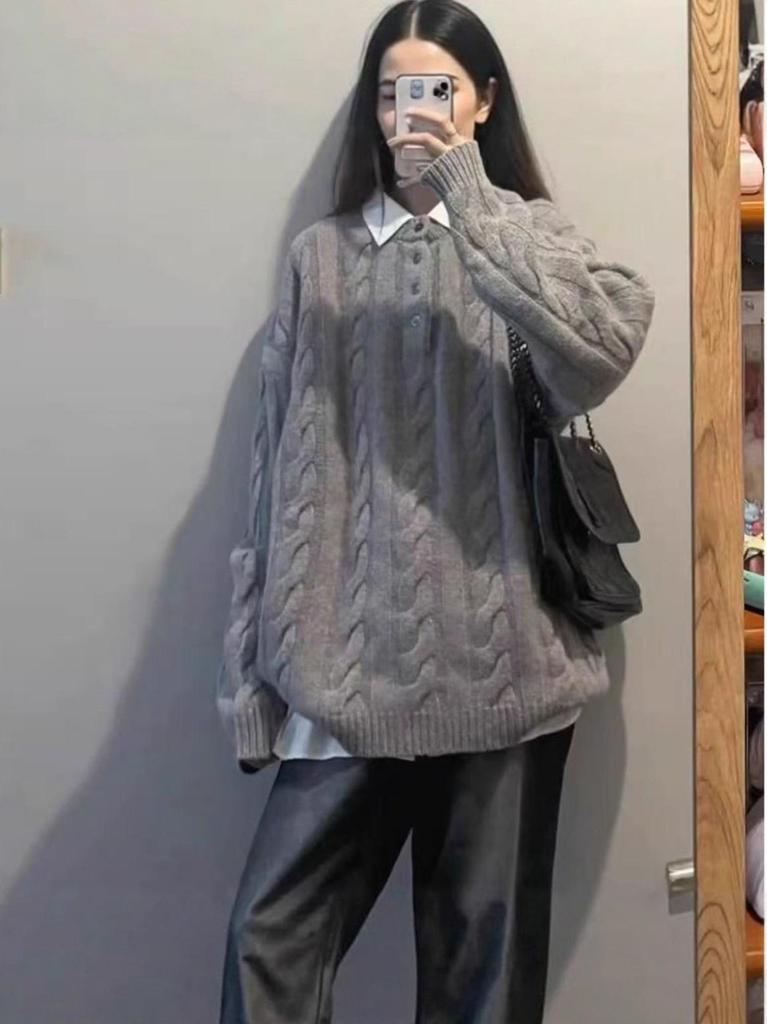 Women's Grey Twisted Knit Pullover Sweater - Loose College Style Base Layer for Autumn/Winter