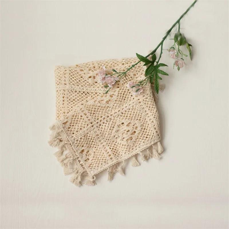 Одеяло для новорожденных с винтажным кружевом и кисточками - Квадратный дизайн Детское одеяло для пеленания Практичный наполнитель для полой корзины и реквизит для фотосъемки