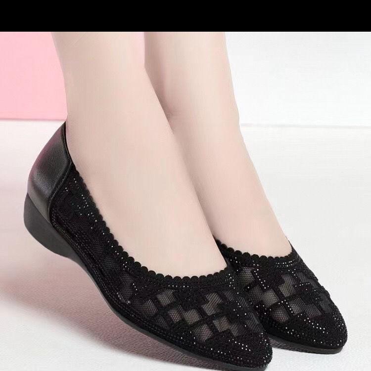 Real Soft Leather Bag Head Sandals Women's Spring Summer Flat Bottom Hollow Single Shoes Mesh Low Heel Mother Shoes Large Size Middle-aged Women