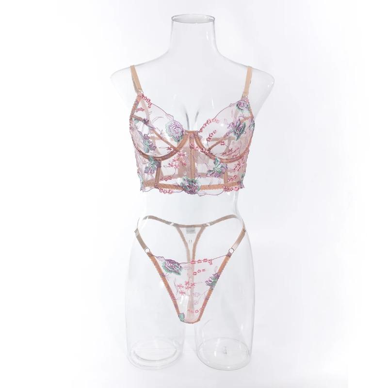 Floral Embroidery Lingerie Set Women Boho Sensual Erotic Sexy 2-Piece Bra + Panty Underwear Set Summer Slim Fashion Chic 2024