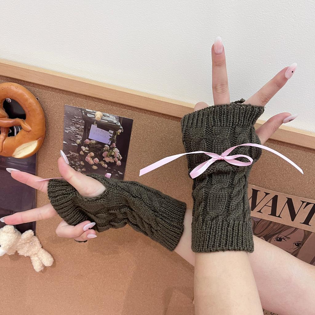 2025 New Women Winter Warm Half Cut Gloves Sweet Bow Student Yarn Knitted Touch Screen Exposed Finger Sleeves