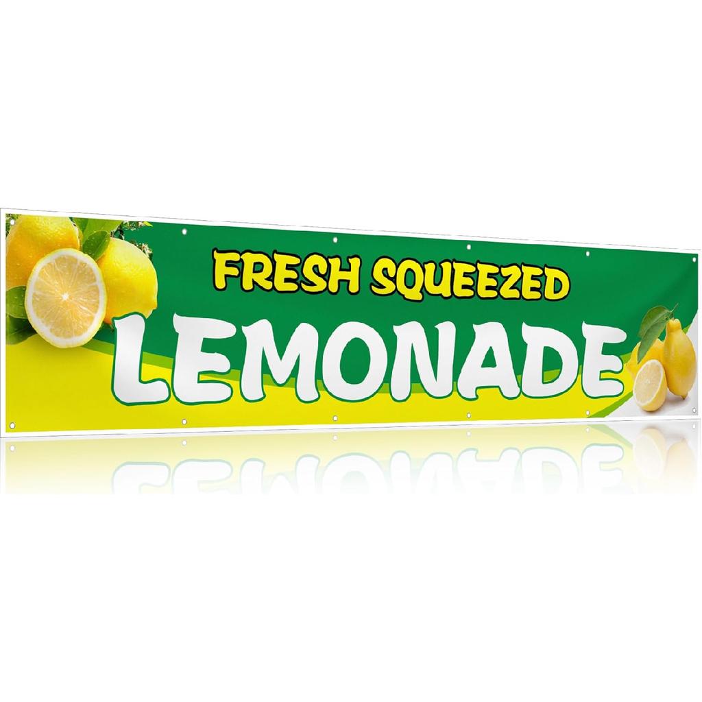 2 x 10 ft Lemonade Sign Vinyl Banner Fresh Squeezed Lemonade Stand Supplies Lemon Flag for Indoor Outdoor Business Restaurant Advertising Banner