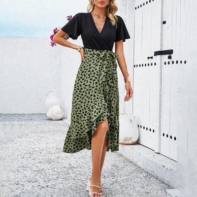 Женское платье миди с оборками и неровным подолом, короткими рукавами, V-образным вырезом, принтом, платье-халат, летние пляжные свадебные платья для гостей