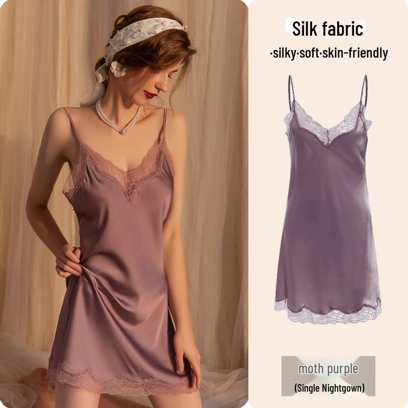 Высококачественная летняя ночная сорочка из кружева и ледяного шелка для женщин - стиль Pure Desire с нагрудными вкладышами, доступна в больших размерах