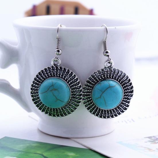 1 Pair Women Hook Round Style Shape Retro Bohemian Earrings Faux Turquoise Stainless