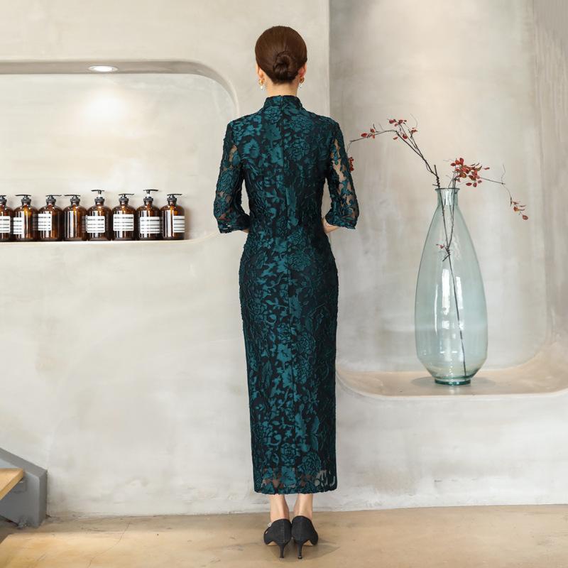 1011 new cheongsam retro elegant long slim dress high slit wrinkled lace edge performance clothing