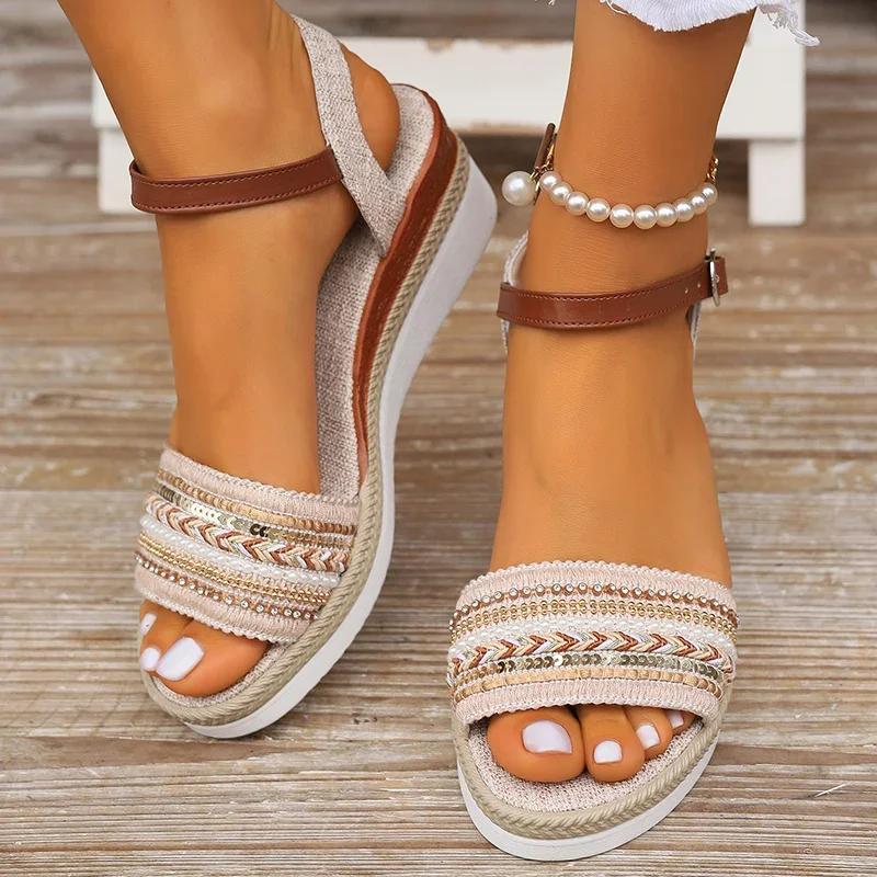 Women's Braided Casual Sandals Buckle Strap Platform Wedge Sandles for Women 2024 Summer Light Non Slip Walking Sandalias Mujer