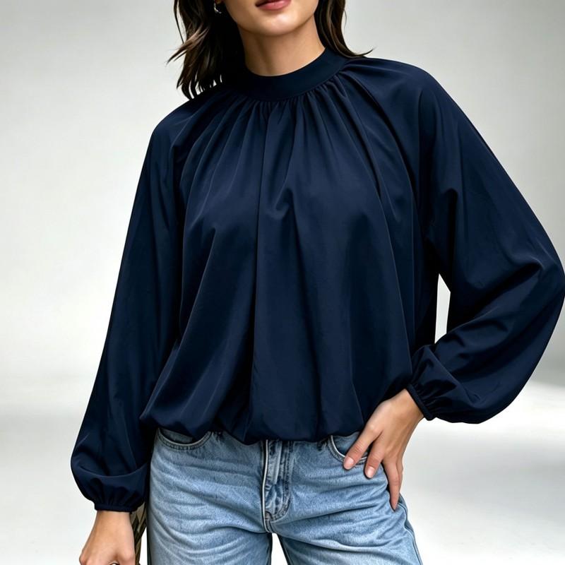 Womens Loose Fit Solid Color Blouse With Tie Neck Lantern Sleeves Office Wear Fall 2026