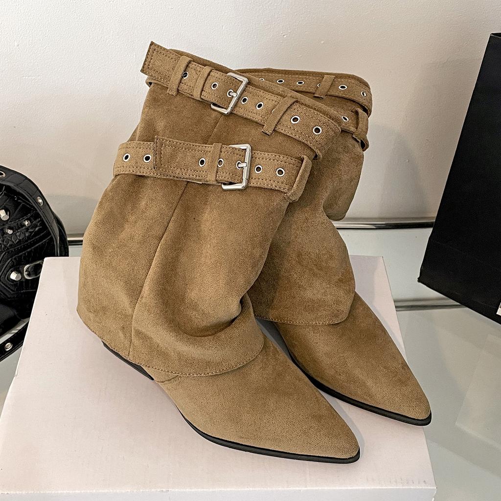 Белые ботильоны на толстом высоком каблуке с острым носком в британском стиле женские 2025 новая осень с юбкой увеличивающие рост и стройнящие сапоги-трубы