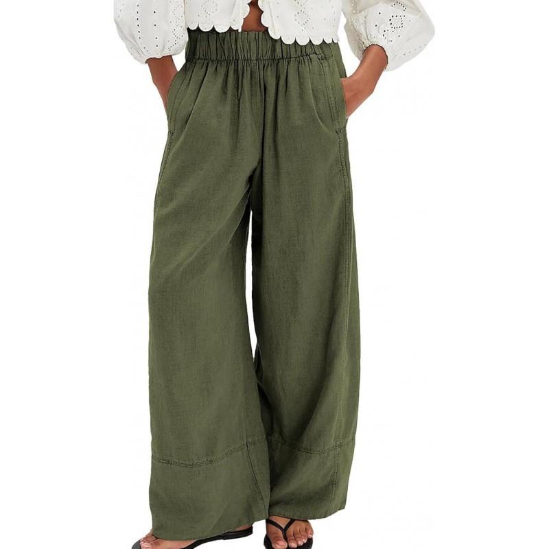 2026 Womens Plus Size Solid Color Stretchy Waist Wide Leg Pants Casual Loose Trousers