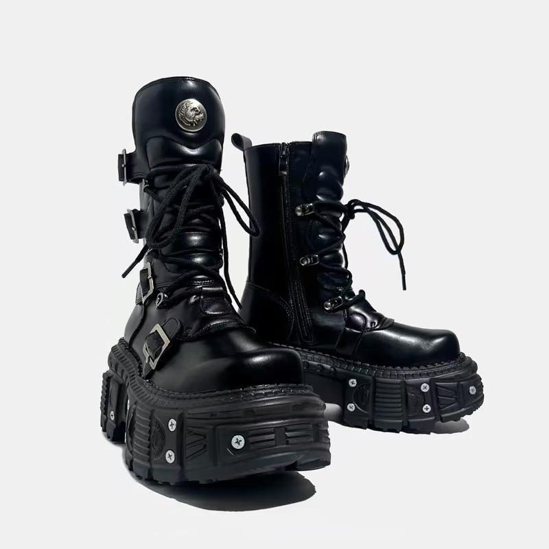 Dark Punk Heightened Lace-Up Girl Baby Martin Boots Women'S Metal Thick-Soled Mid-Tube Boots