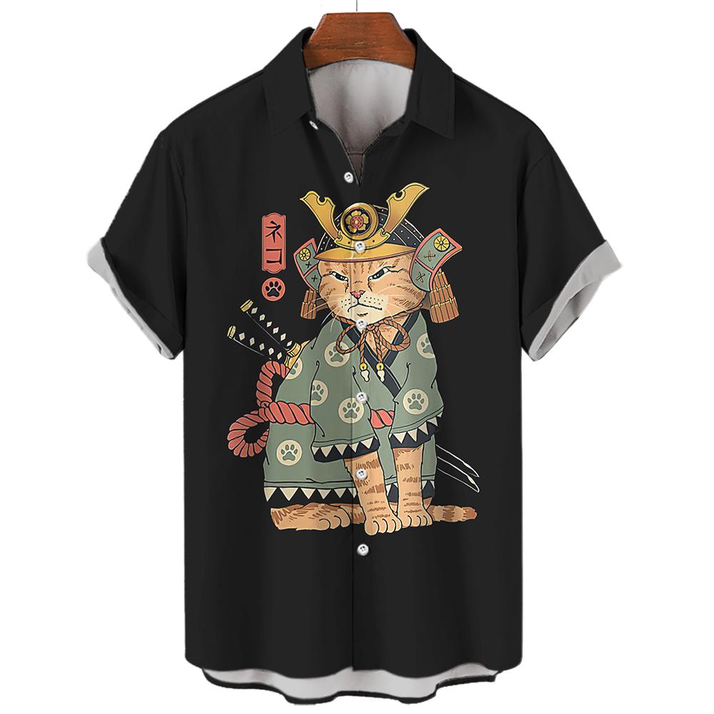 Повседневная гавайская рубашка мужская японская рубашка с 3D-узором Bushido мужские рубашки мультяшные животные кошка 3D-печать мужская рубашка мужская одежда
