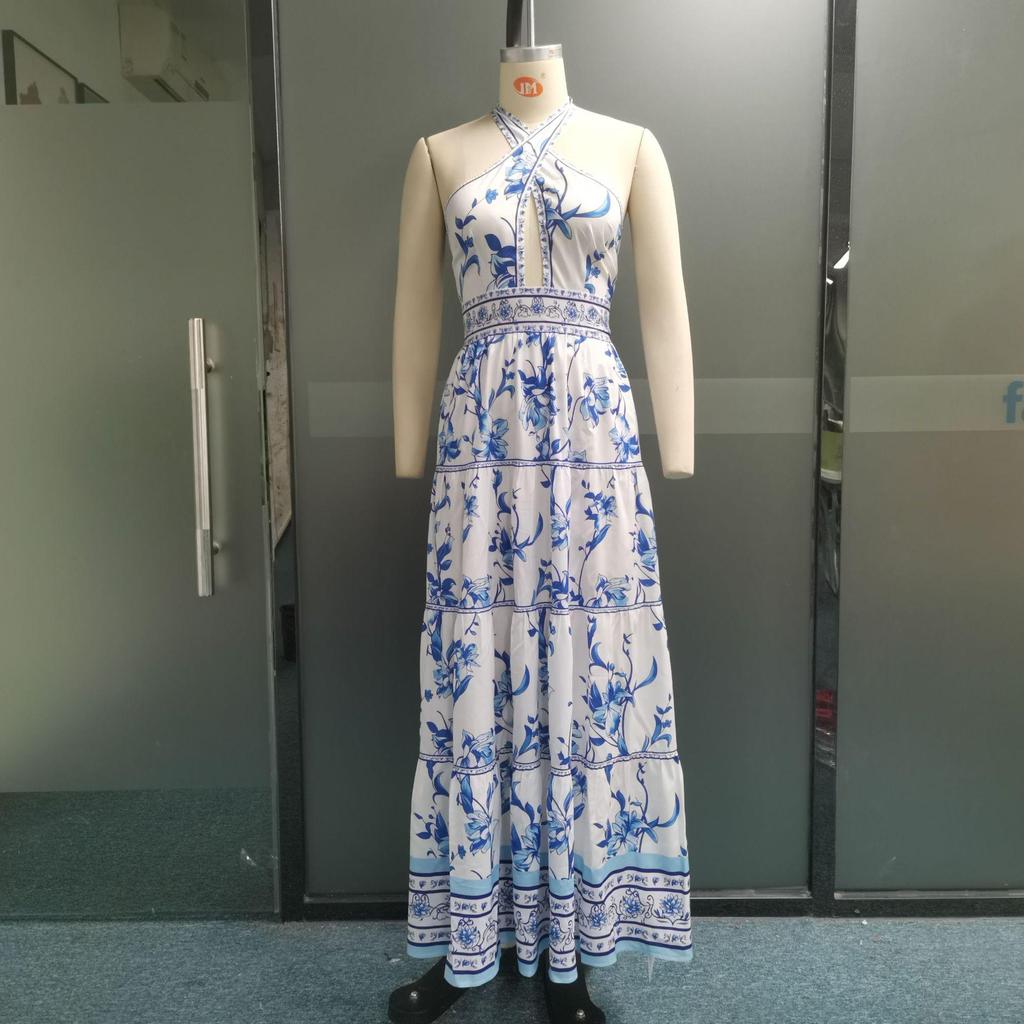 Women Maxi Dresses Summer Fashion Vintage Printed Backless Halterneck Tie Up Cutout Party Beach Long Skirt Dresses