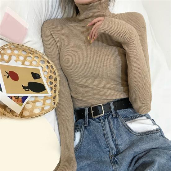 Женские вязаные топы с высоким воротником, с длинным рукавом, однотонные, базовый свитер, прилегающего кроя, вязаные пуловеры, осенне-зимняя одежда