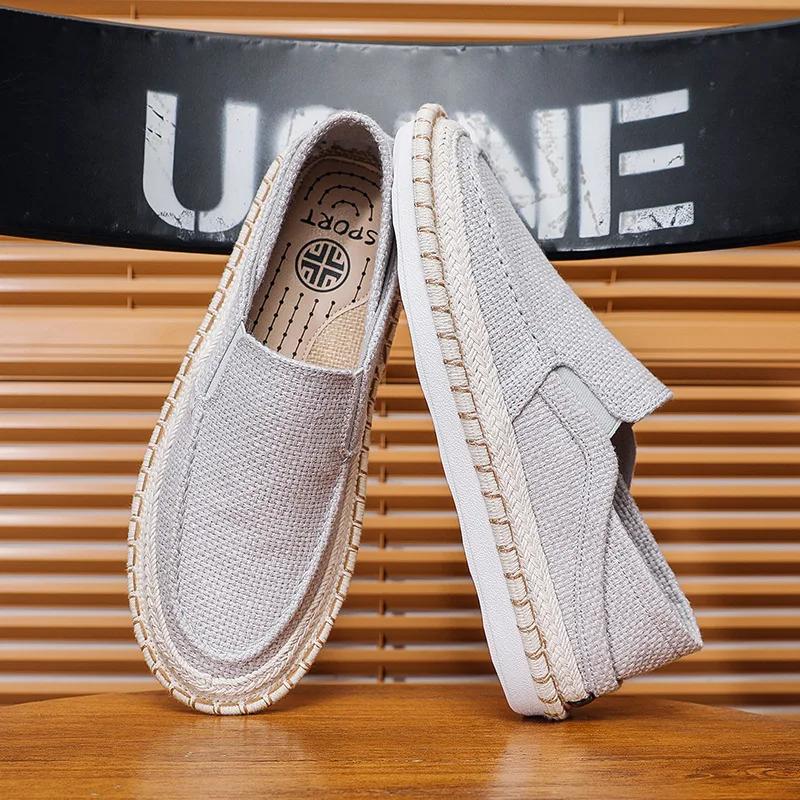 Мужская льняная повседневная обувь Простые дышащие слипоны Лоферы Плоские туфли рыбака