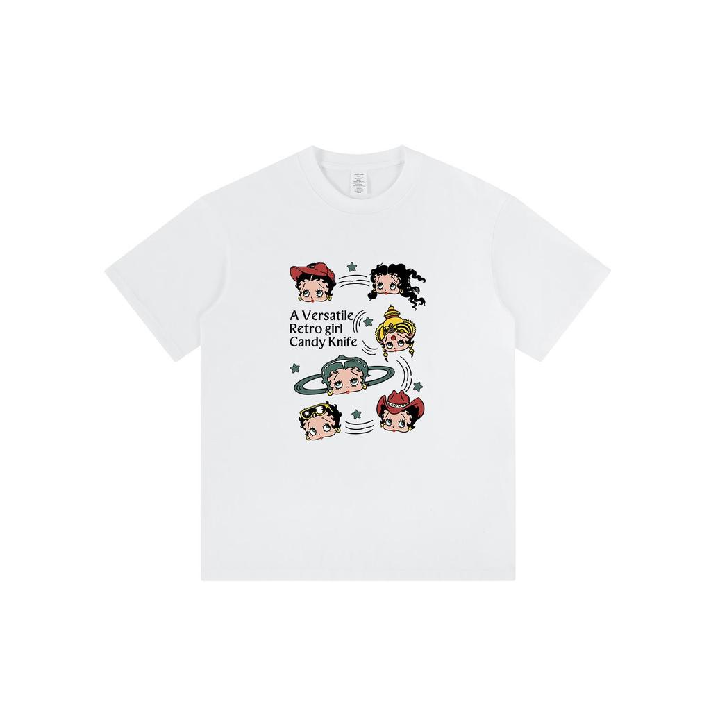 Женская летняя хлопковая футболка свободного кроя с круглым вырезом и мультяшным принтом, 2024