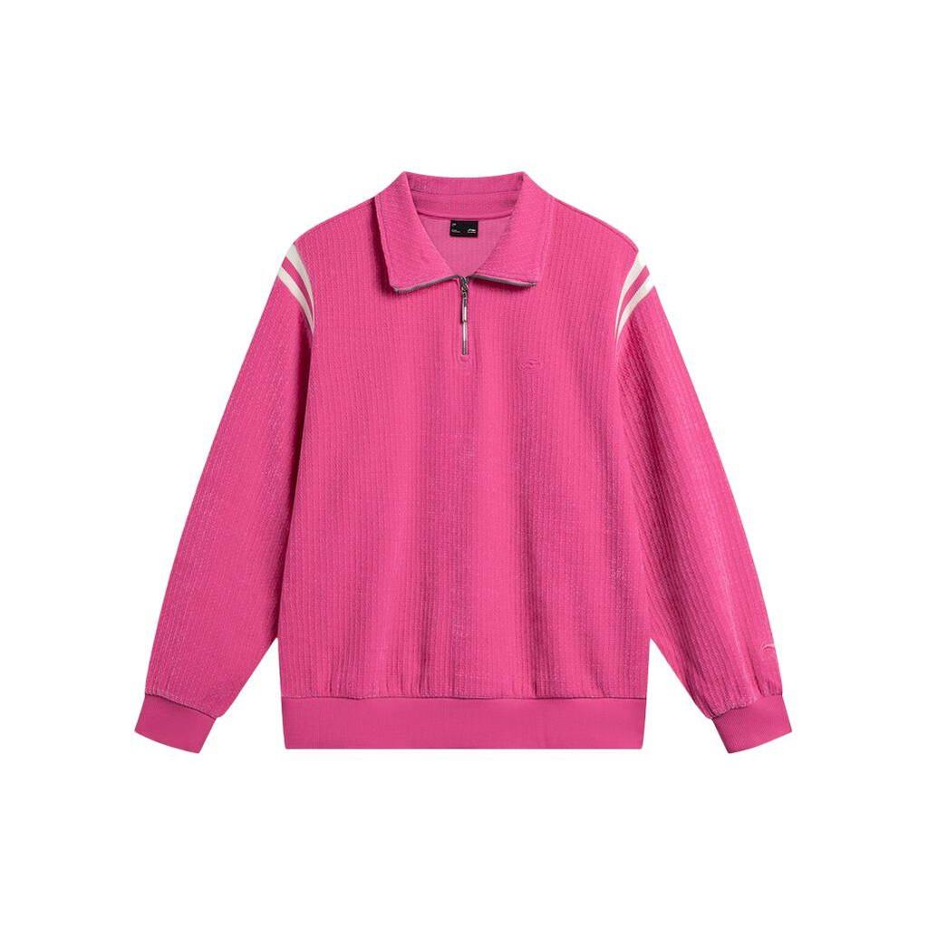 Li-Ning Цветной блок воротник поло свободный короткий повседневный свитшот женский свитшот ярко-розовый AWDU040-2