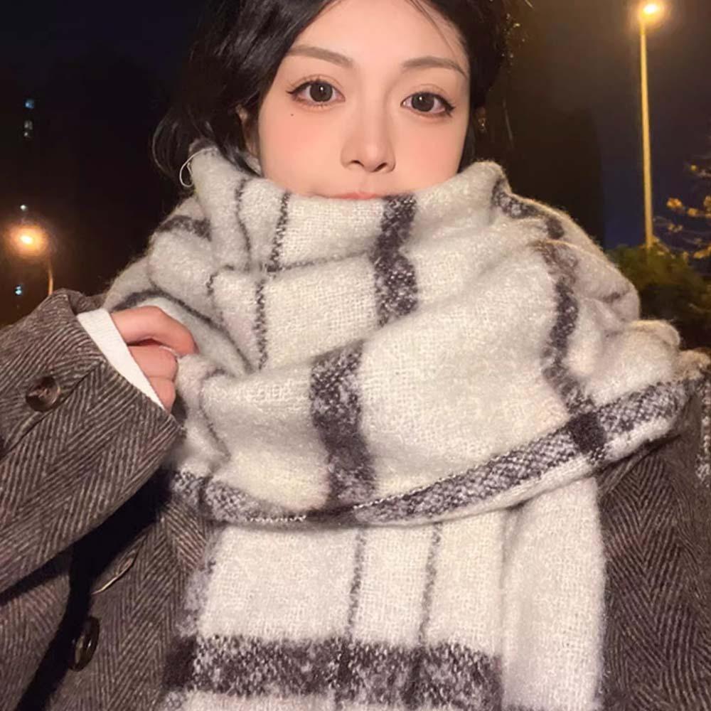 Длинный клетчатый вязаный шарф Теплая шаль с кисточками Корейский стиль Унисекс Утепленный шарф Зима