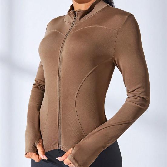 Women Sports Jacket Full Zip High Elasticity Yoga Jacket Stand Collar Slimming Fitness Top for Running Yoga Workout