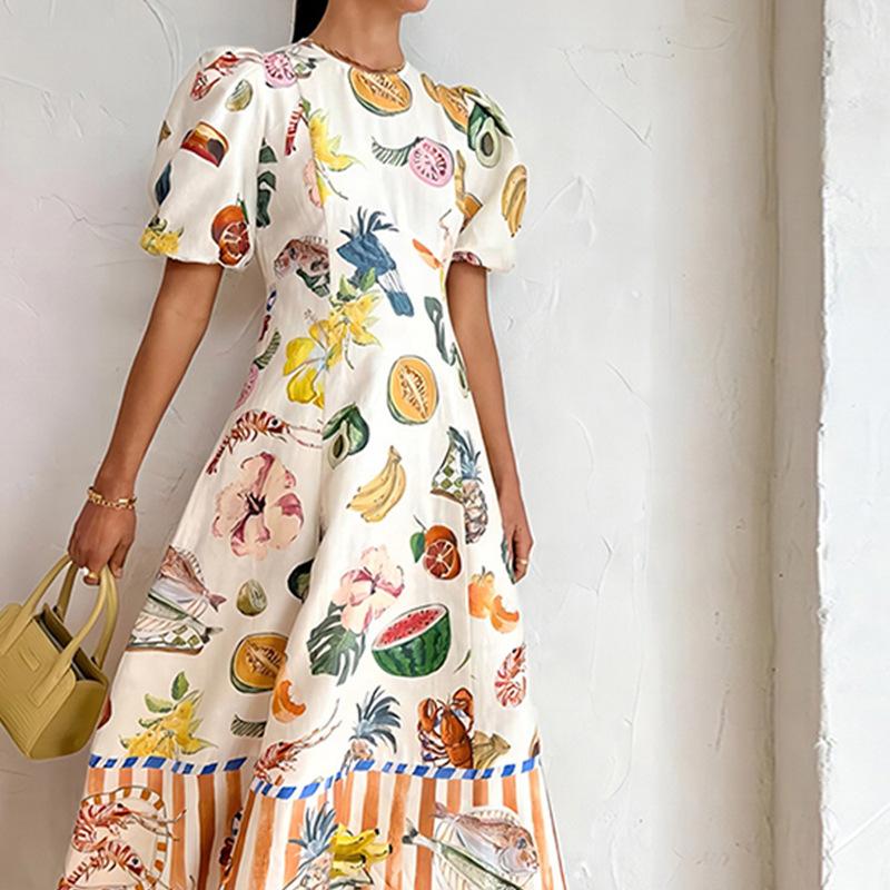 2026 spring new women's clothing, cross-border European and American hot sale, temperament commuting sweet printed crew neck big swing dress
