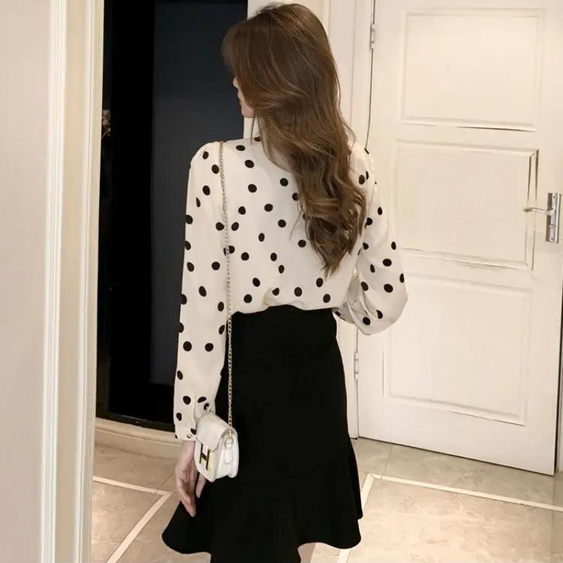 Корейская модная шифоновая рубашка в горошек, женская весенне-осенняя новая тонкая блузка с длинными рукавами и бантом на ленте, M-4XL