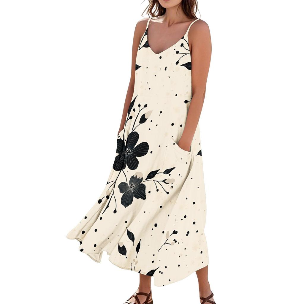 Women's Casual Tie-Dye Floral Print Sleeveless Pocket Dress